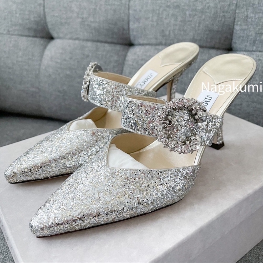 Jimmy Choo NEW Leather Glitter Accents Mules